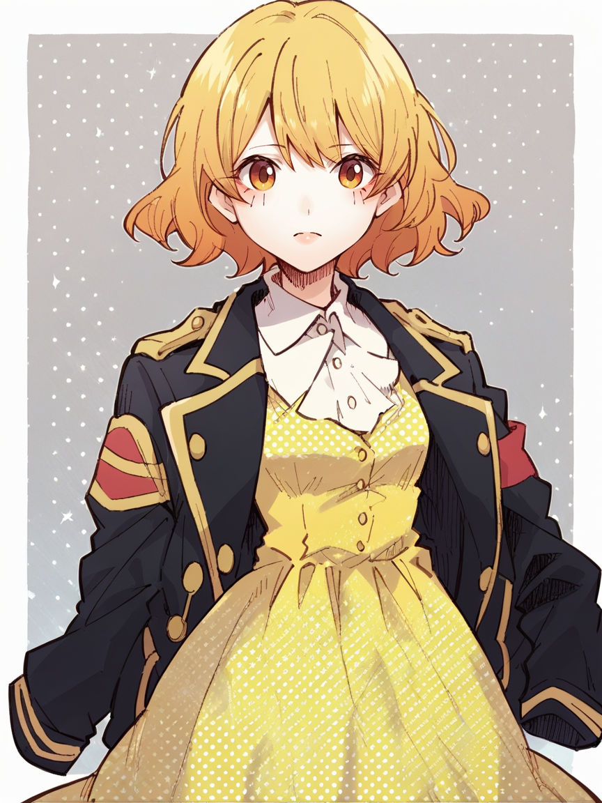 score_9, score_8_up, score_7_up, score_6_up, score_5_up,  <lora:orionlineXLP:1> orionline, military, black jacket, yellow dress, polka dot background,