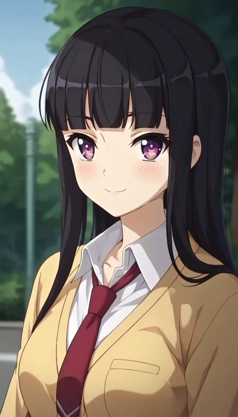 score_9,score_8_up,score_7_up,score_6_up BREAK official art,solo,outdoors,upper body,(portrait:1.5),looking at viewer,facing viewer,smile,blush,(petite:1.5),Umi,long hair,black hair,sidelocks,blunt bangs,purple eyes,school uniform,yellow cardigan,red necktie,white shirt,collared shirt,long sleeves,medium breasts,microskirt,pleated skirt,black skirt,zettai ryouiki,black thighhighs,loafers,<lora:Umi(isyesiky)-Pony:1.4>,
