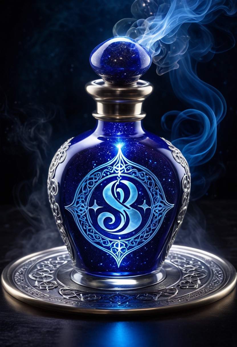 Score_9, Score_8, high_def, highest quality, 8k, best quality, masterpiece, focused, defined, Photorealistic magic potion, ornate glass bottle, elixir, deep sapphire blue and shimmering silver hues, swirling with ethereal mist and glowing runes, wax seal embossed with ancient symbols, intricate swirling patterns, potion glow, luminous liquid, dynamic reflections, intense magical shimmer, highly detailed, fantasy essence, bubbling liquid, radiant glow, adorned with intricate metallic filigree, floating particles of stardust, arcane energy crackling around the bottle, surrounded by a faint aura of icy light, mystical fog curling at its base, glowing motes of light drifting upward, as if the potion itself is alive with raw, untamed power