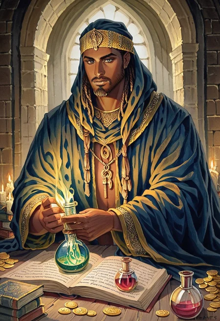 score_9, score_8_up, score_7_up, oblivionarts, solo, 1boy, alchemist, ((african male)), beard, robes, turban, vial, potion, book, coin purse, gold coins, dark room, candle lit, apothecary background, traditional art, medieval, <lora:Oblivion:.6>