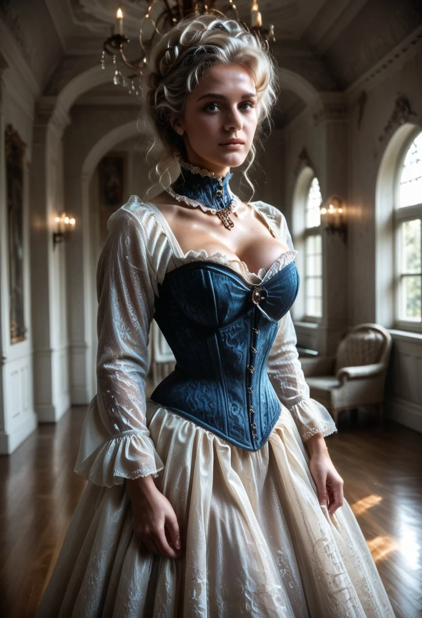 score_9, score_8_up, score_7_up, (age up:1.0) BREAK, (8k, RAW photo, highest quality), hyperdetailed photography, photorealistic,
30 year old woman, (curly platinum-blonde hair), bright blue eyes, freckles, gorgeous girl, cute face, cute girl, (fluffy:1.1), walking through a magnificent hall of a baroque palace, high ceilings, large windows, lots of light, bright colors, marble floor, stucco decorated walls and ceiling, sexy pose, closeup. (realistic skin:1.3)∙(detailed skin:1.3)∙(skin texture:1.3)∙(perfect skin:1.3), (cute face:1.0), dappled light, wears a victorian dress with a tight, corset, small waist, NeckCorset, lace, lace NeckCorset
dynamic light, warm_light, vibrant colors warm_colors, soft focus, high contrast, textured surfaces, depth of field, golden hour lighting, dramatic shadows, rich details, nature-inspired color palette, playful composition,
dynamic angle, dynamic light,
(cinematic lighting:1.3), (4K image quality:1.3), (sharp detail:1.3), (highly realistic:1.3), (dim warm cinematic lighting:1.3).
breast implants, ((perfectly round and fake breasts))