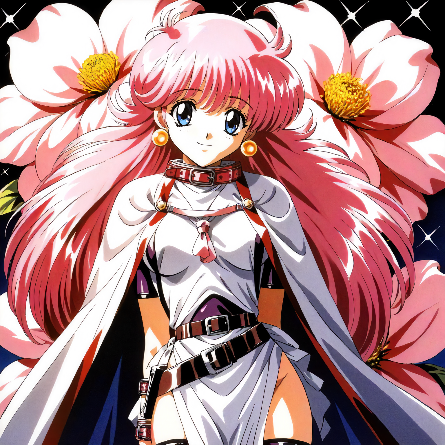<lora:RC_sill_plainXLanimagine001>,
masterpiece,high score,great score,absurdres,
flower background,glitter,
smile,
looking at viewer,
solo,
anime coloring,retro artstyle,1990s (style),
sill_plain\(rance_series\),1girl,pink hair,long hair,blue eyes,earrings,
belt collar,
white cape,purple shirt,layered white shirt,short_sleeves,
belt wristband,
belt,pelvic_curtain,purple_thighhighs,
cowboy shot,
standing,