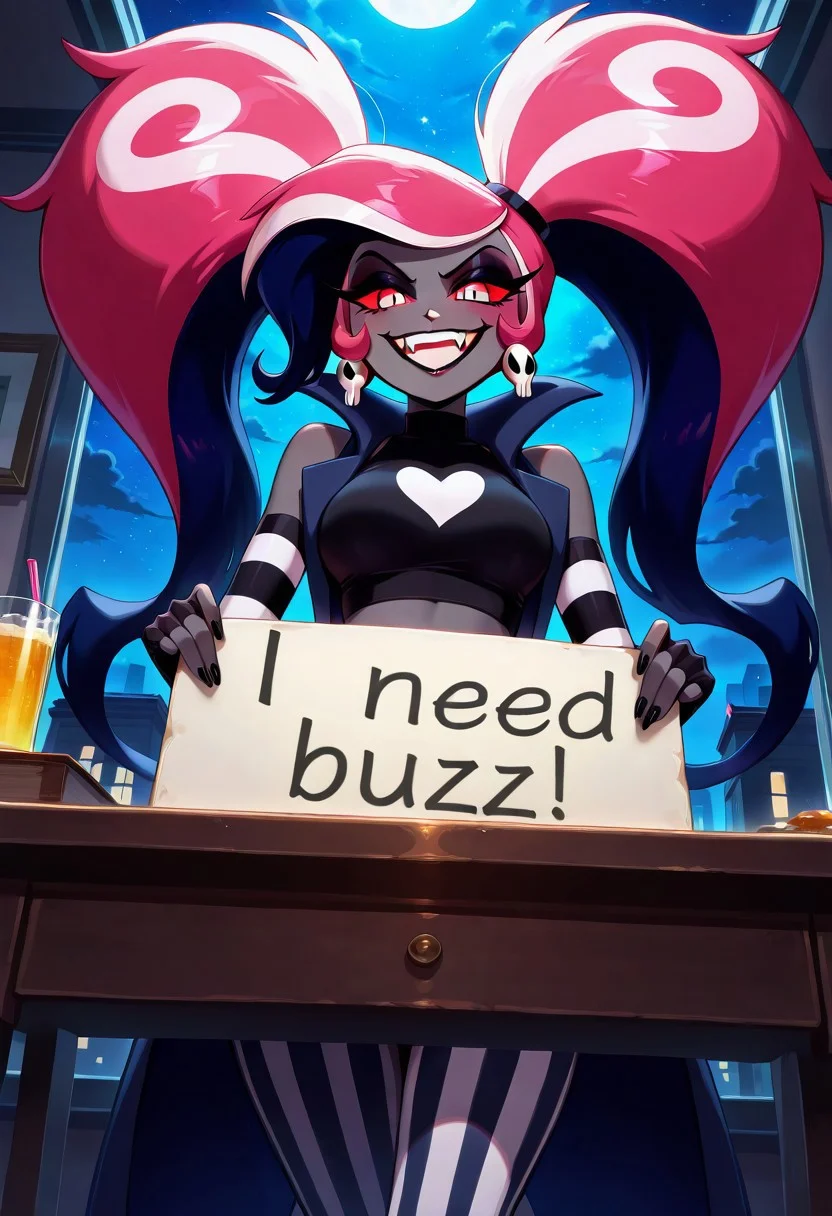 score_9, score_8_up, score_7_up, masterpiece, best quality, amazing quality, extremely detailed, absurdres, adult, mature, 1girl, velvette \(hazbin hotel\), velvette, dark eyeshadow, red sclera, pink hair, two-tone hair, twintails, long hair, skull earrings, colored skin, dark skin, fangs, sleeveless dark navy-blue coat, black crop top, bare shoulders, detached sleeves, elbow gloves, fingerless gloves, pants, striped pants, solo, night, moonlight, standing in conference room, hands on table, view from below, holding sign, "I need buzz!" is written on the sign, need_buzz, evil grin, highly detailed, soft colors.