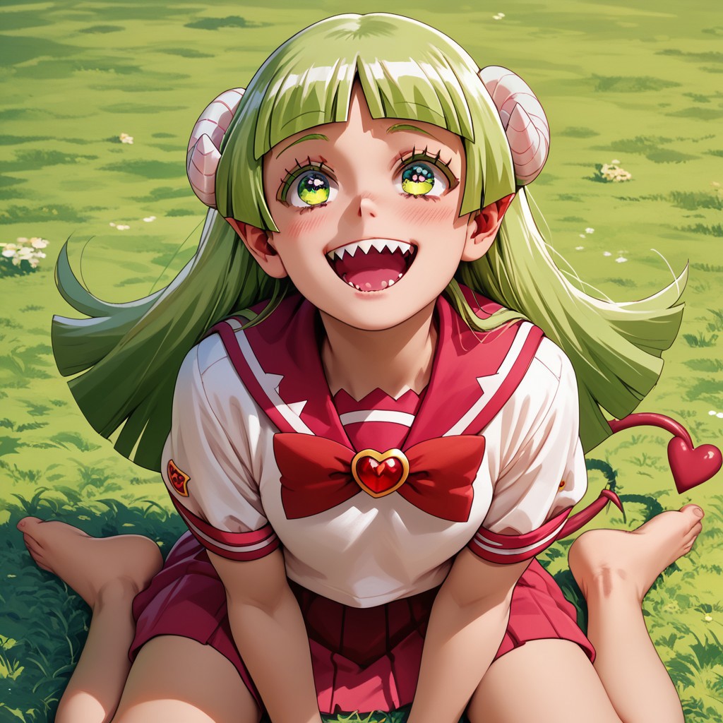 score_9, score_8_up, score_7_up, score_6_up, score_5_up, score_4_up, Cl_araV, School uniform, Sharp teeth, Horns, heart tail, happy, green hair, sitting on the ground, barefoot, looking up at viewer