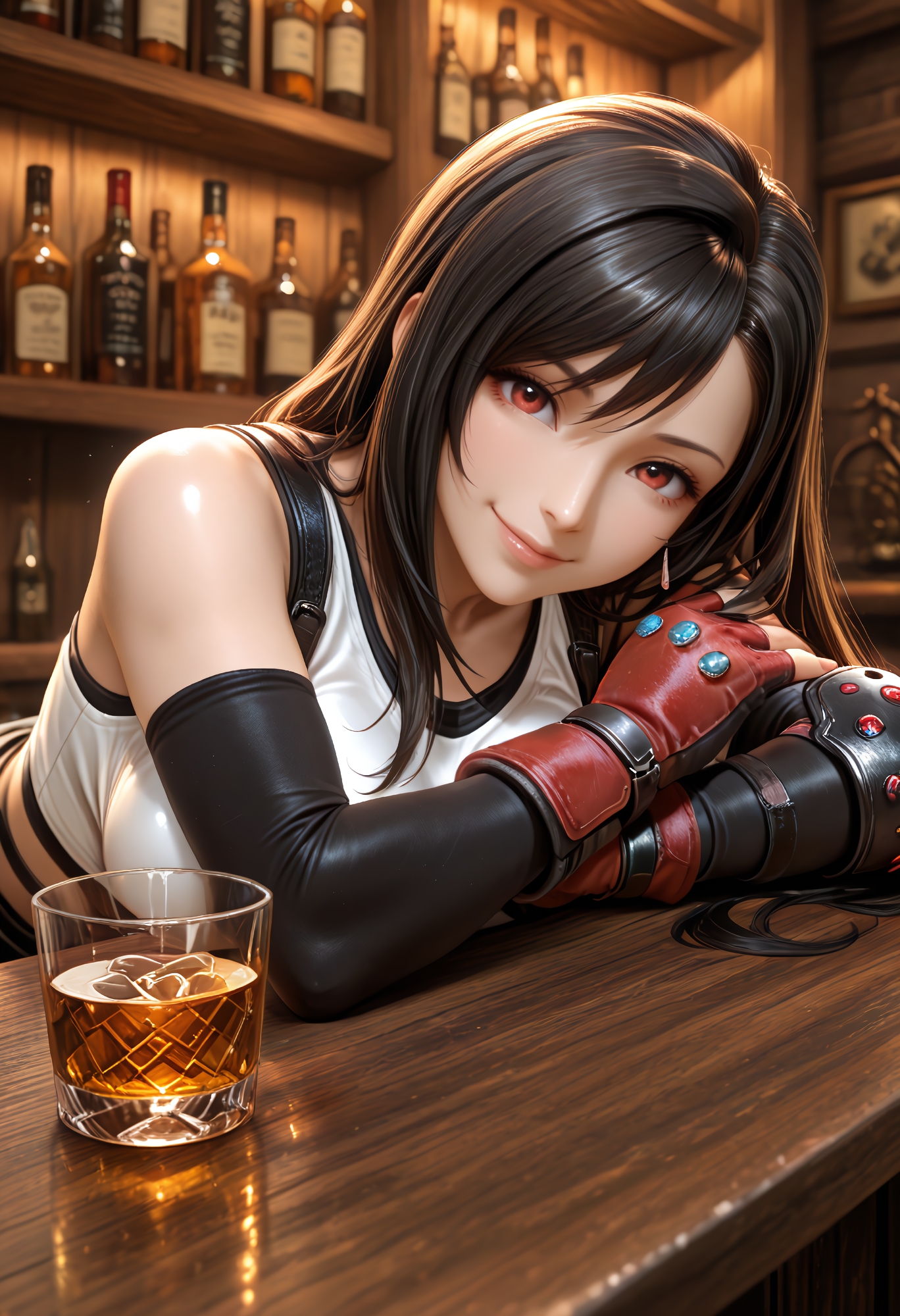 1girl, tifa lockhart, behind counter, bar, bottles, whiskey, leaning on bar, smile
SmoothNoob_Quality
