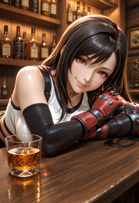 1girl, tifa lockhart, behind counter, bar, bottles, whiskey, leaning on bar, smile
SmoothNoob_Quality