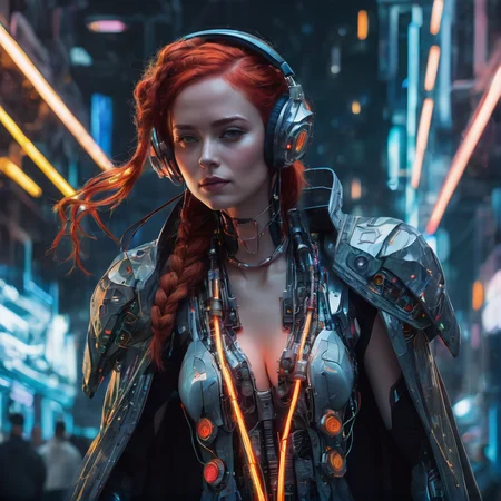 girl, woman, age 32, red hair, braided hair, full body, asymmetrical fashion, scifi cape with clusters of neon wires, wearing a crystalline circuit board style pendant, detailed face, realistic, exposed circuitry, android, scifi fantasy scene setting, scifi, cyborg, posing, hydraulic pistons, playful, listening to headphones