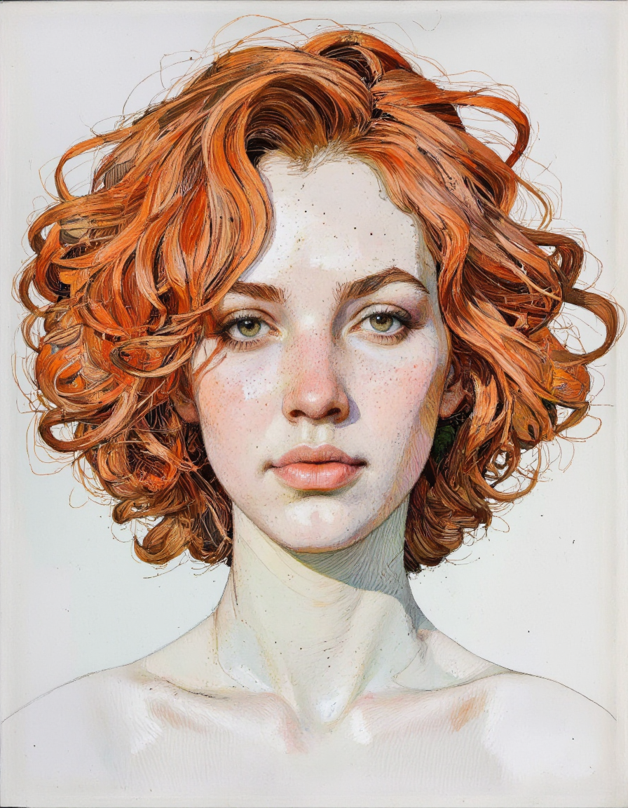 Tony Rodriguez style. This is a highly detailed, realistic drawing created using a combination of pencil and digital techniques. The artwork depicts a serene, androgynous face with a subtle, almost ethereal quality. The subject has porcelain skin and striking, voluminous, curly, fiery red hair that cascades down their shoulders. The hair appears to have a natural, tousled texture, with individual strands meticulously rendered.  <lora:Tony_Rodriguez_7:0.85>