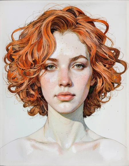 Tony Rodriguez style. This is a highly detailed, realistic drawing created using a combination of pencil and digital techniques. The artwork depicts a serene, androgynous face with a subtle, almost ethereal quality. The subject has porcelain skin and striking, voluminous, curly, fiery red hair that cascades down their shoulders. The hair appears to have a natural, tousled texture, with individual strands meticulously rendered. <lora:Tony_Rodriguez_7:0.85>