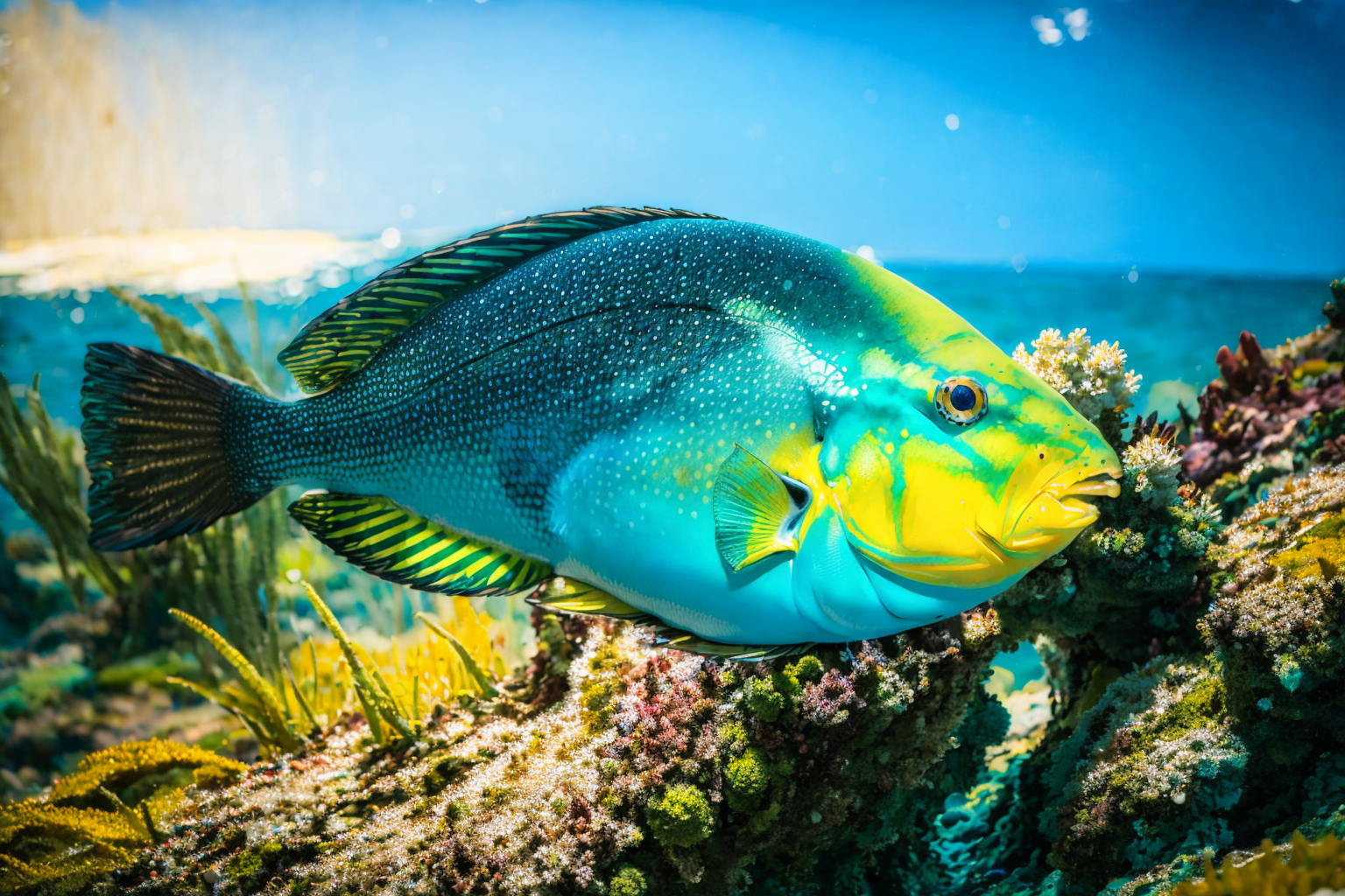 (masterpiece, best quality:1.2), ultra-detailed, ocean Green and yellow EdobFish, (realistic:1.5), <lora:EdobFish_v1.0:1>