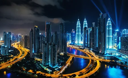 HDR photo of, sky, city, lights, night, building, tower, scenery, bidge, architecture, cityscape, skyline, outdoors, skyscraper, background, street, humans, river, cloud, tree, water, . High dynamic range, vivid, rich details, clear shadows and highlights, realistic, intense, enhanced contrast, highly detailed, banner, night sky, road, bridge, city lights, no humans, ripple,
The image is a large panoramic view of the evening city from above. It features a futuristic cityscape with tall skyscrapers and a river running through it. The buildings are illuminated by street lamps and there are several bridges crossing over the river. The sky is dark blue and there are stars visible in the night sky. The city appears to be bustling with activity as there are many people walking around on the streets below. The image captures the essence of a modern urban environment during dusk or dawn.
<lora:skyline:1>