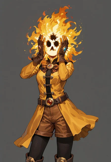 score_9, score_8_up, score_7_up, solo,
lord_of_frenzy, fire head,
novakin, faceless, no eyes, no mouth, no nose, no facial features, short fiery yellow orange hair, body made of black plasma,
open hands, hands on face front,
hands on own head,
magical girl outfit, (steampunk dress:1.1), boots, (brown shorts:1.1), black tights, medium breasts, belt, gloves,
(headache:1.1), (mad:1.1), (lean back:1.1), dynamic pose, head up, head tilt,
simple background, grey background,
in yoshidanatsumi artstyle
