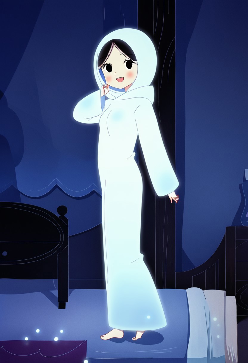 zPDXL3, source_cartoon, Perfect Hands, full body,
1girl, solo, aged down, bedroom, looking at viewer, saoirse, black hair, black eyes, blush, ghost, hood up, robe, barefoot, glowing, dancing on bed, from side, facing at viewer, feeling cold, eyes open, smile, open mouth, sleeve past wrist, slim body, long body, highlight cloth wrinkle, anime style, left leg in the air,
<lora:Perfect Hands:1>  <lora:Saoirse_-_The_Song_of_the_Sea-000009:1>