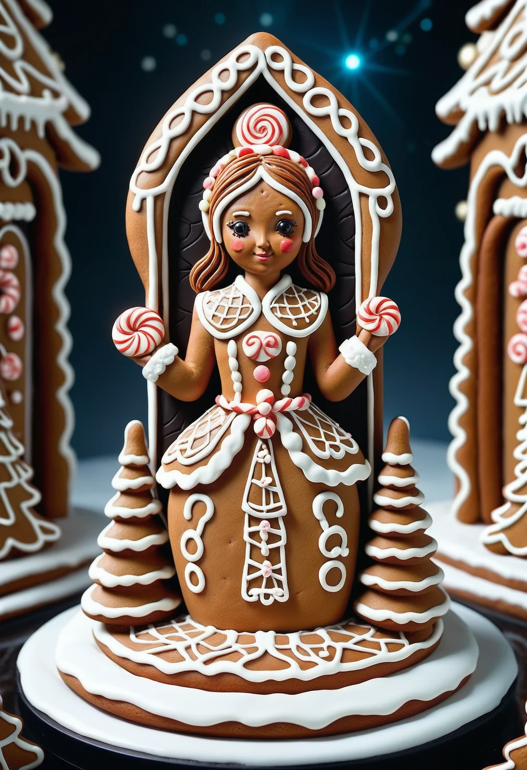 Gingerbread, icing, candy, <lora:GingerbreadStyle_epoch_10:0.7>, small centered composition, product shot, plain background, wallpaper art, Beauty focused, woman, peaceful, space, moody, artistic, great light, epic, badge