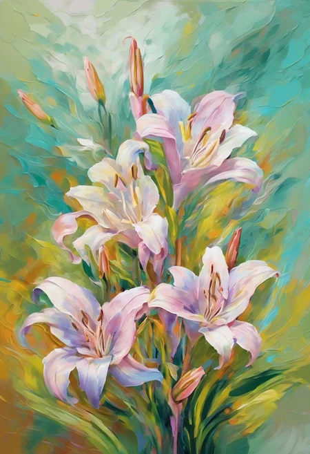 Lily's of the vale, pastel background, oil painting, rough stroke, line graphic, geomatric, generate an image with the rich texture and thick brushstrokes characteristic of an oil painting. Emphasize the thick brushstrokes spread across the entire canvas, blending of colors, and the play of shadows<lora:xl_more_art-full_v1:0.3> <lora:oil_SDXL_v1.0:0.6>