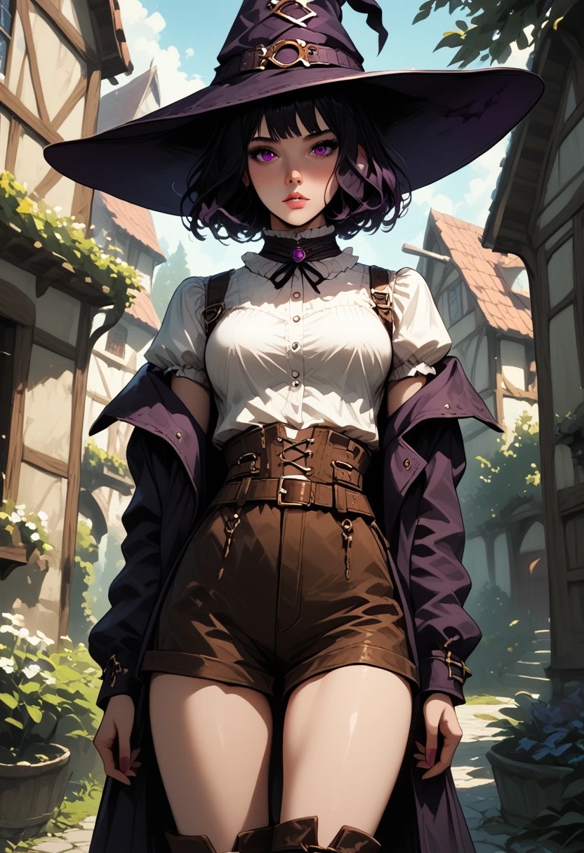 score_9, score_8_up, score_7_up, flat color, dark theme, g4n1m3, comicbookpage style,
1girl, short black hair, witch hat, brown shorts, dark violet jacket, white shirt, belt, brown, brown boots,
m1cr0_50r75, micro shorts, bare navel, bare thighs,
fantasy town background, medieval hoses, garden,