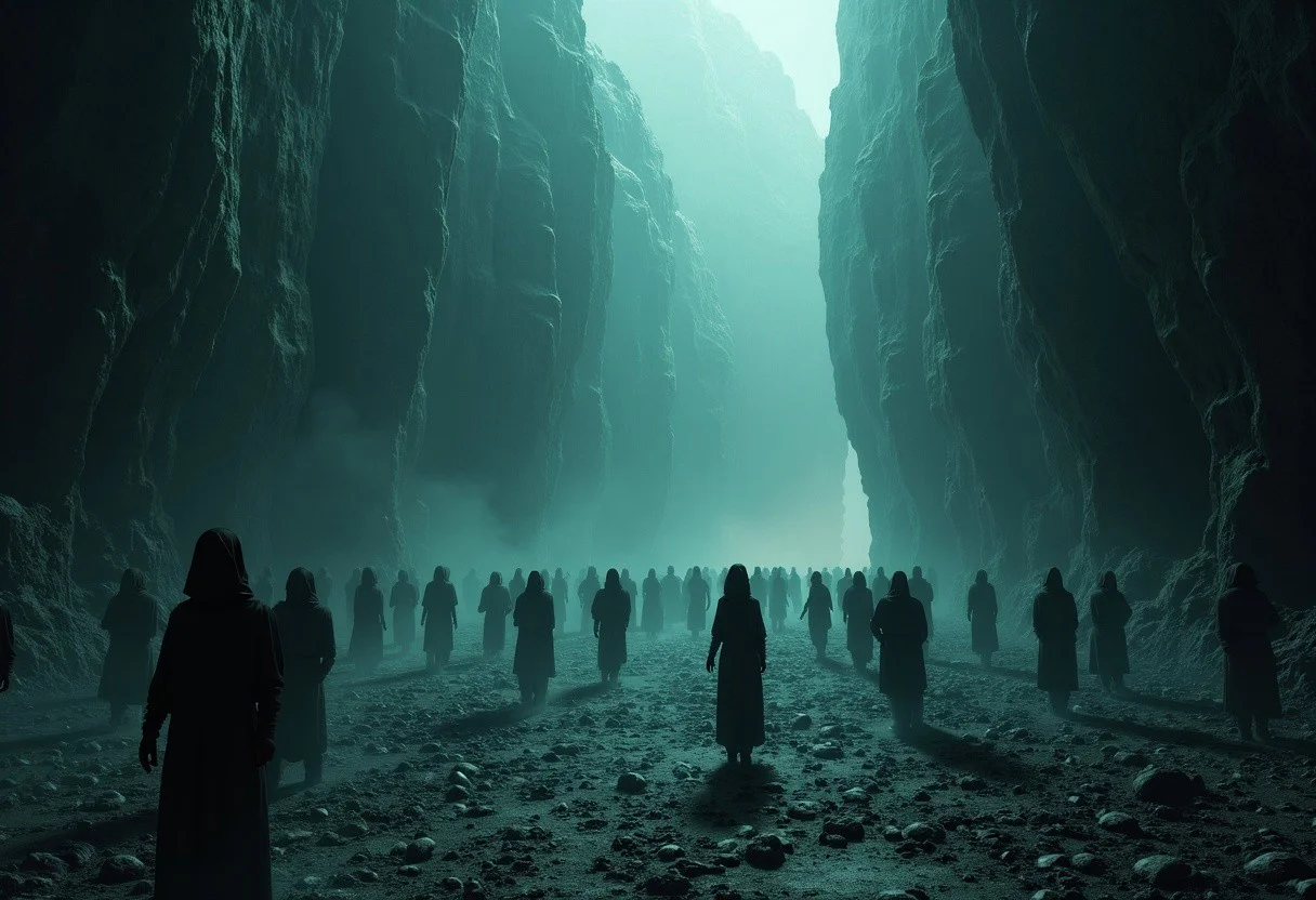A vast and endless underworld, Sheol stretches beneath the earth like a forgotten chasm, its atmosphere thick with an eerie, otherworldly silence. The ground is cracked and lifeless, composed of blackened stone and ashen dust, while towering jagged pillars fade into an eternal twilight. The air is heavy with a ghostly mist, swirling around the countless shadowy figures, endless in number, stretching as far as the eye can see.
These spectral forms, their shapes flickering between solid and translucent, drift aimlessly in the gloom—faceless, hollow-eyed, their bodies blurred between existence and nothingness. Some stand motionless, frozen in time, while others shuffle forward in eternal silence, lost to the void. Their outlines waver, dissolving like smoke only to reform again, as if trapped in an endless loop of forgotten souls.
Dim, flickering lights, like dying embers, float aimlessly in the gloom, casting faint, shifting glows over the abyss. The walls of Sheol seem to stretch infinitely, carved with ancient, unreadable inscriptions, whispering the secrets of the dead. Deep within, shadowy doorways hint at even darker depths, places where the silence is broken only by the distant echoes of murmured laments.
A sense of vast isolation and eerie tranquility lingers, as if time itself has lost meaning. There is no fire, no torment—only the weight of eternal stillness, the mournful whispers of the countless souls that have long faded from the world above.
Ultra-detailed, cinematic lighting, dark fantasy, gothic realism, atmospheric and haunting, hyper-realistic textures, eerie and mystical composition. DarkAtmosCE style, aidmamj6.1