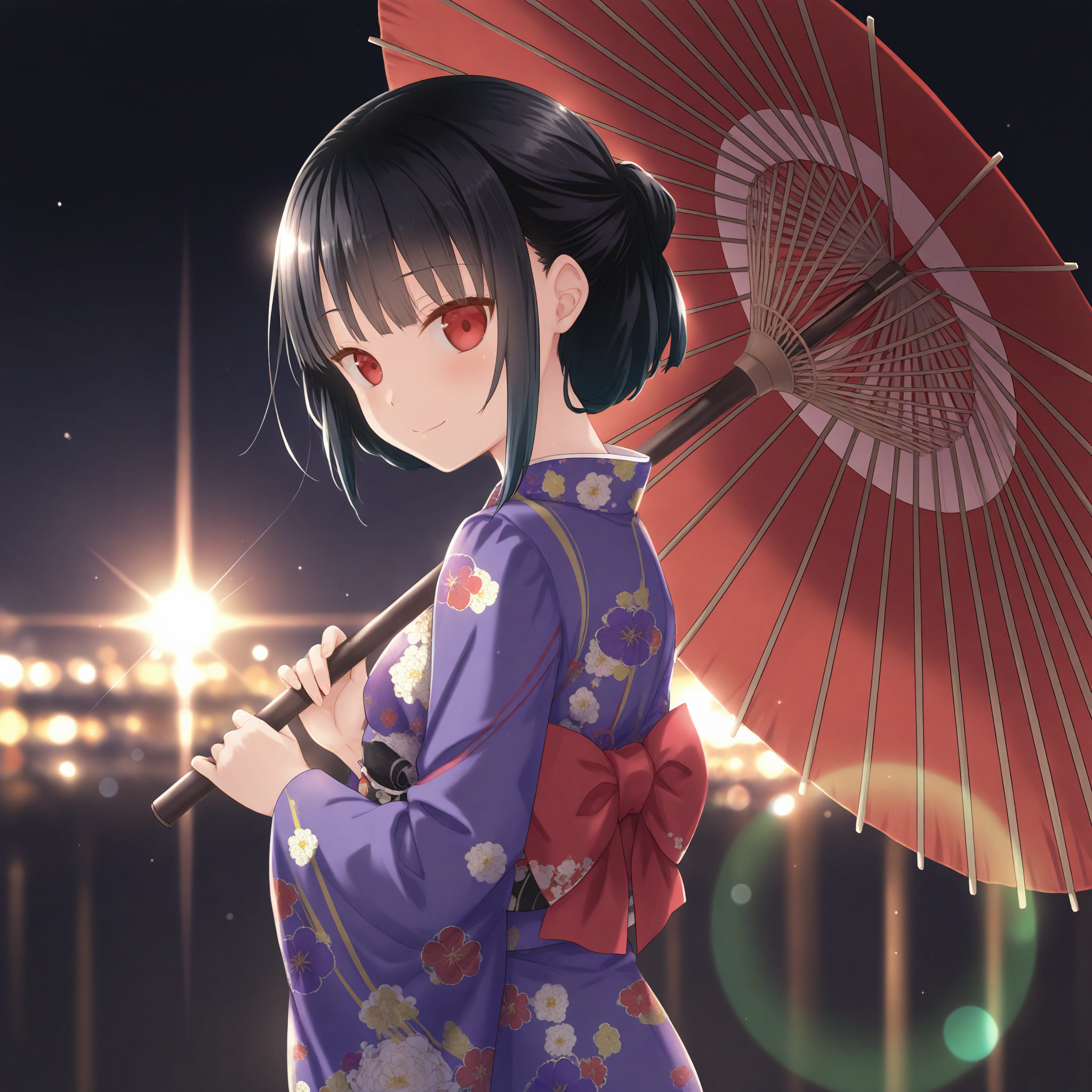 <lora:Miyabi_Asahina_1_nai-000047:1>,Miyabi Asahina,black hair,short hair,
purple kimono,long sleeves,red bow,floral print,obi,
1girl,solo,holding umbrella,oil-paper umbrella,from_side,looking at viewer,depth of field,lens_flare,dark,glowing,light,smile,