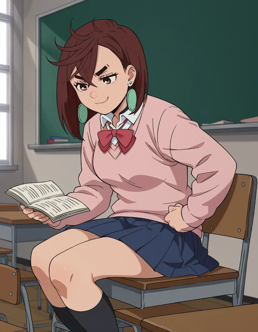 score_9, score_8_up, score_7_up, source_anime, <lora:momo-ayase-alpha-s1-ponyxl-lora-nochekaiser:1>, momo ayase, short hair, brown hair, brown eyes, bangs, thick eyebrows, medium breasts, skirt, school uniform, pleated skirt, shoes, socks, loafers, sweater vest, pink sweater, shirt, white shirt, collared shirt, earrings, green earrings,, classroom, chalkboard, day time, studying, sitting, chair, desk,, , , smug, hands on hips,, solo,, cowboy shot, dutch angle