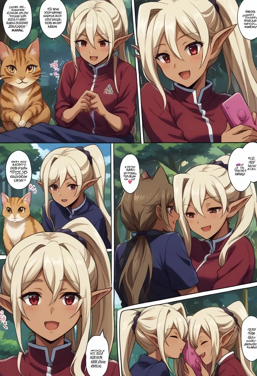 score_9, score_8_up, score_7_up, source_anime, BREAK
<lora:FComic_1to1000_Pony_V1:1>fcomic_1to1000_pony, (comic:1.25),
(Multi view, Frame, Text, speech bubble, frame, heart, trembling, focus line, vibrating line, comic expression, Sound effect)
1girl, cat, cute cat, cats, fluffy, cute, neko, kawaii, cuddling with cat, holding cat, joy, happy, animal, cute animal, woods, summer camp, trees, joy, happy,
<lora:kuroinu-chloe-ova-ponyxl-lora-nochekaiser:1>, chloe, long hair, blonde hair, very long hair, ponytail, pointy ears, dark skin, dark-skinned female, elf, dark elf, red eyes
,<lora:Everlasting_Summer_Vanilla_Backgrounds_by_GraffMetal:0.7>, <lora:Everlasting_Summer_Vanilla_Art_Style_by_GraffMetal:0.7>