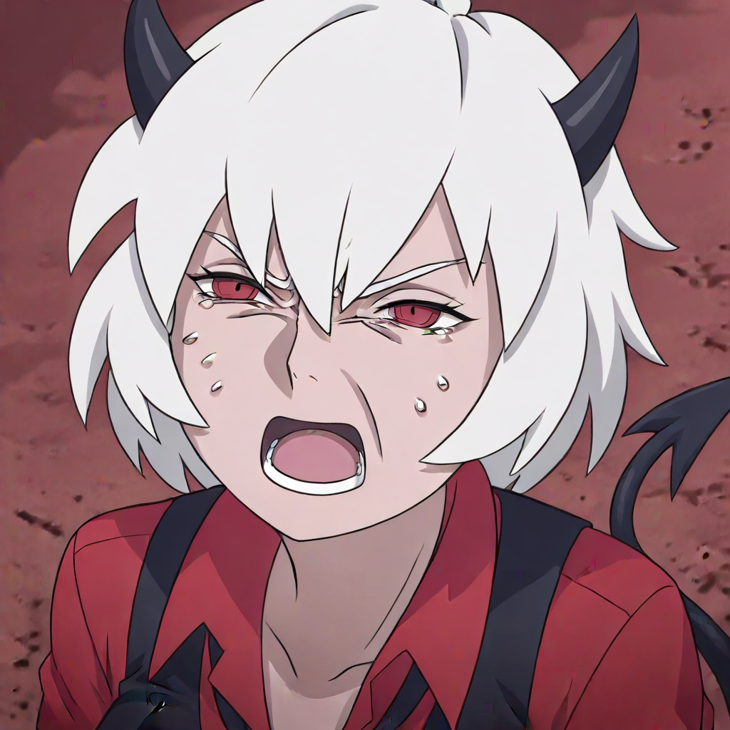 masterpiece, best quality, newest, absurdres, highres, anime, anime style, 1girl, malina \(helltaker\), demon girl, short hair, white hair, horns, demon tail, BCV1.0, crying, cry, crying with yes open, open mouth, parody, meme,