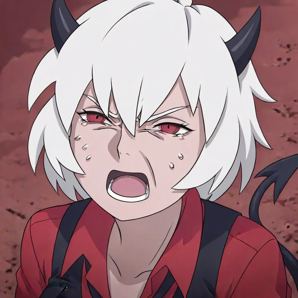 masterpiece, best quality, newest, absurdres, highres, anime, anime style, 1girl, malina \(helltaker\), demon girl, short hair, white hair, horns, demon tail, BCV1.0, crying, cry, crying with yes open, open mouth, parody, meme,