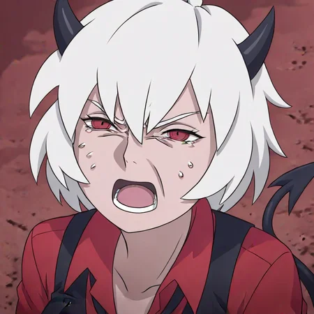 masterpiece, best quality, newest, absurdres, highres, anime, anime style, 1girl, malina \(helltaker\), demon girl, short hair, white hair, horns, demon tail, BCV1.0, crying, cry, crying with yes open, open mouth, parody, meme,