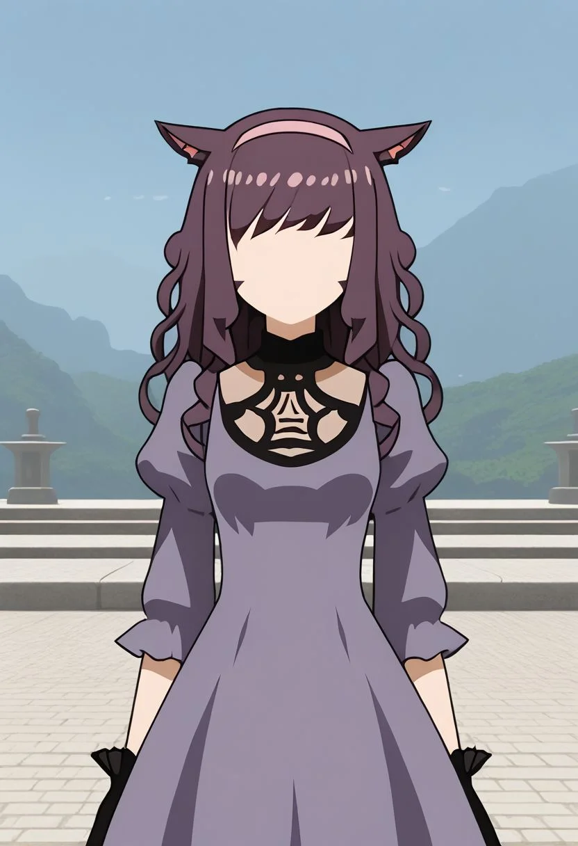 MinimalStyle, simple, faceless female, beautiful, extremely detailed, vector, headshot, no2 type b dress, source_anime, newest, 1girl, solo, dress, thighhighs, outdoors, cat ears, miqo'te, purple hair, curly hair, long hair, hairband, puffy sleeves, purple dress, standing, portrait, gloves, BREAK PonyXLV6_Scores