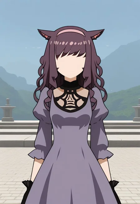 MinimalStyle, simple, faceless female, beautiful, extremely detailed, vector, headshot, no2 type b dress, source_anime, newest, 1girl, solo, dress, thighhighs, outdoors, cat ears, miqo'te, purple hair, curly hair, long hair, hairband, puffy sleeves, purple dress, standing, portrait, gloves, BREAK PonyXLV6_Scores