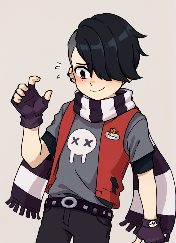 score_9, score_8_up, score_7_up,   <lora:bsedgar:1> ear bsedgar    , 1boy , short hair , black hair, hair over one eye,piercing, solo,striped scarf  ,red vest , grey shirt,  short sleeves, belt , black pants ,black gloves,   fingerless gloves, blush,  nervous smile,  <lora:Yagi_the_Goat_Style:1>by s1120411