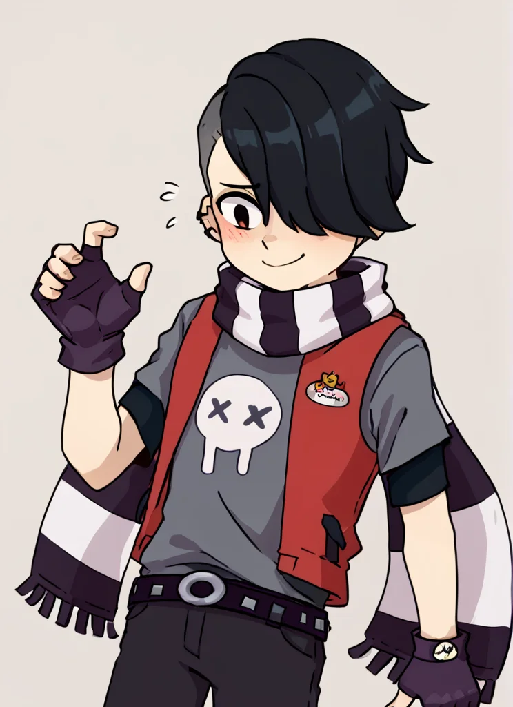 score_9, score_8_up, score_7_up, <lora:bsedgar:1> ear bsedgar , 1boy , short hair , black hair, hair over one eye,piercing, solo,striped scarf ,red vest , grey shirt, short sleeves, belt , black pants ,black gloves, fingerless gloves, blush, nervous smile, <lora:Yagi_the_Goat_Style:1>by s1120411