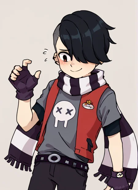 score_9, score_8_up, score_7_up, <lora:bsedgar:1> ear bsedgar , 1boy , short hair , black hair, hair over one eye,piercing, solo,striped scarf ,red vest , grey shirt, short sleeves, belt , black pants ,black gloves, fingerless gloves, blush, nervous smile, <lora:Yagi_the_Goat_Style:1>by s1120411