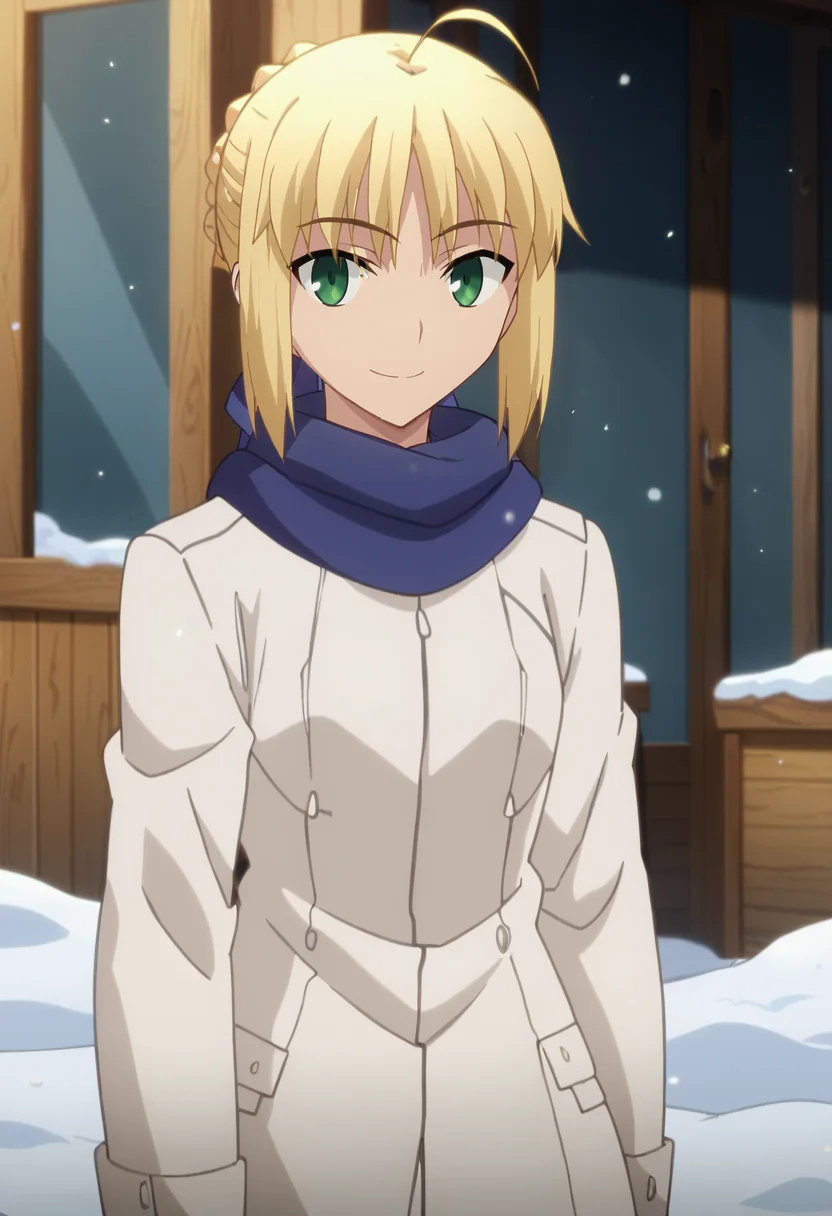 score_7_up, animescreencap,
<lora:FateStayNightUBW_SaberXL:0.9>, SaberFS,
1girl, solo, closed mouth, light smile,
blonde hair, green eyes, short hair, french braid, ahoge,
SaberJacket, white coat, blue scarf,
standing, looking at viewer,
outdoors, snow