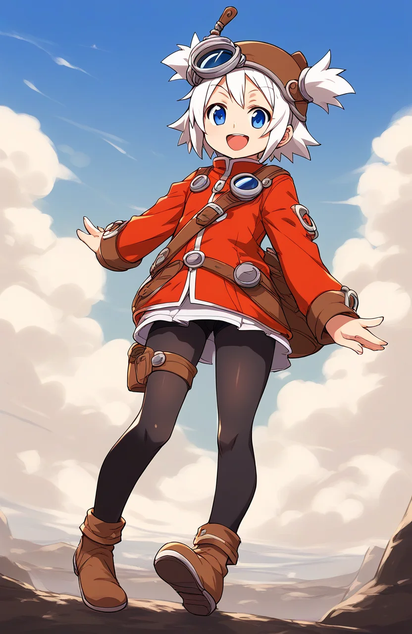 score_9, score_8_up, score_7_up, source_anime, rating_explicit, BREAK <lora:Pratty_XL:1> Pratty, blue eyes, short hair, goggles, white hair, short twintails, hair through headwear, brown headwear,
1girl, solo, pantyhose, full body, open mouth, smile, tachi-e, black pantyhose, red long sleeves, bag, skirt, short twintails, looking at viewer, standing, blue eyes, thigh strap, :d
standing, cowboy_Shot
outdoor, sky,