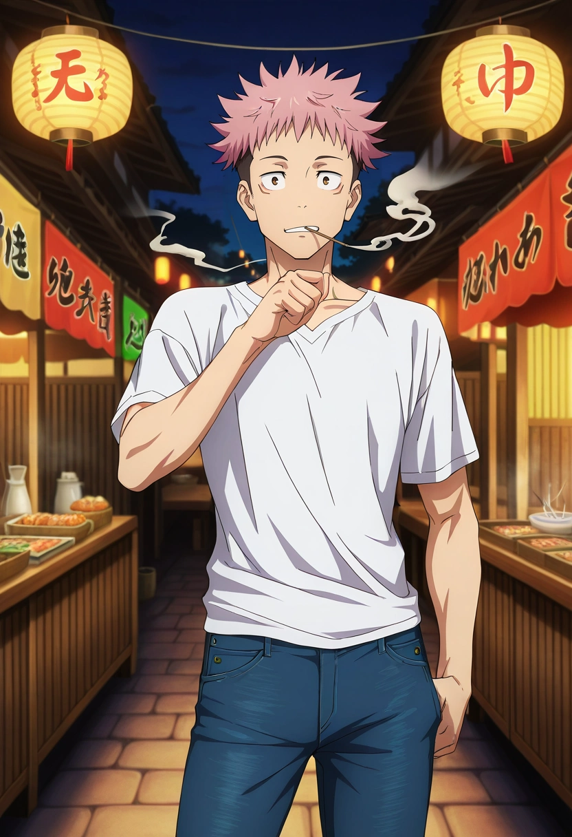 masterpiece, best quality, , anime screencap, anime coloring, official style, , 1boy, solo, male focus, <lora:yuuji_itadori_ilxl:0.98>, yuuji_itadori, pink hair, brown eyes, short hair, undercut, spiked hair, , night market, paper lanterns, food stalls, incense smoke, browsing pose, hungry expression, evening, Jeans, Button-down shirt, , ,