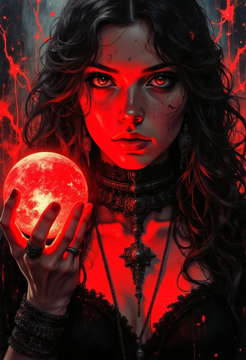 A dark and seductive portrait of a mysterious woman illuminated by an ominous red glow. She has long, voluminous, wavy hair cascading around her face, framing her intense gaze. Her eyes glimmer with a fiery red hue, reflecting an otherworldly power and drawing attention to her enigmatic expression, which is both alluring and dangerous. Her smooth skin contrasts with the dramatic lighting, with shadows emphasizing her sharp features. She holds a glowing, textured red orb in her hand, its vivid light casting warm, eerie highlights on her face and fingers, enhancing the atmosphere of intrigue. She wears a gothic-inspired black choker adorned with intricate lace-like details and metallic embellishments. Chains drape across her neck and chest, connecting to an ornate, dark metallic pendant with a vintage and otherworldly design, adding an air of regality and mystery. The background is obscured in deep shadows, with subtle hints of red light diffusing into the darkness, creating a moody, cinematic effect. The lighting is dramatic and focused, emphasizing her face, the orb, and the metallic details of her accessories. The overall atmosphere is dark, mystical, and sensual, blending gothic aesthetics with a supernatural, cinematic quality. Art style: hyper-realistic, with an emphasis on fine textures, intricate details, and a vivid contrast between light and shadow to create a dramatic and captivating composition.