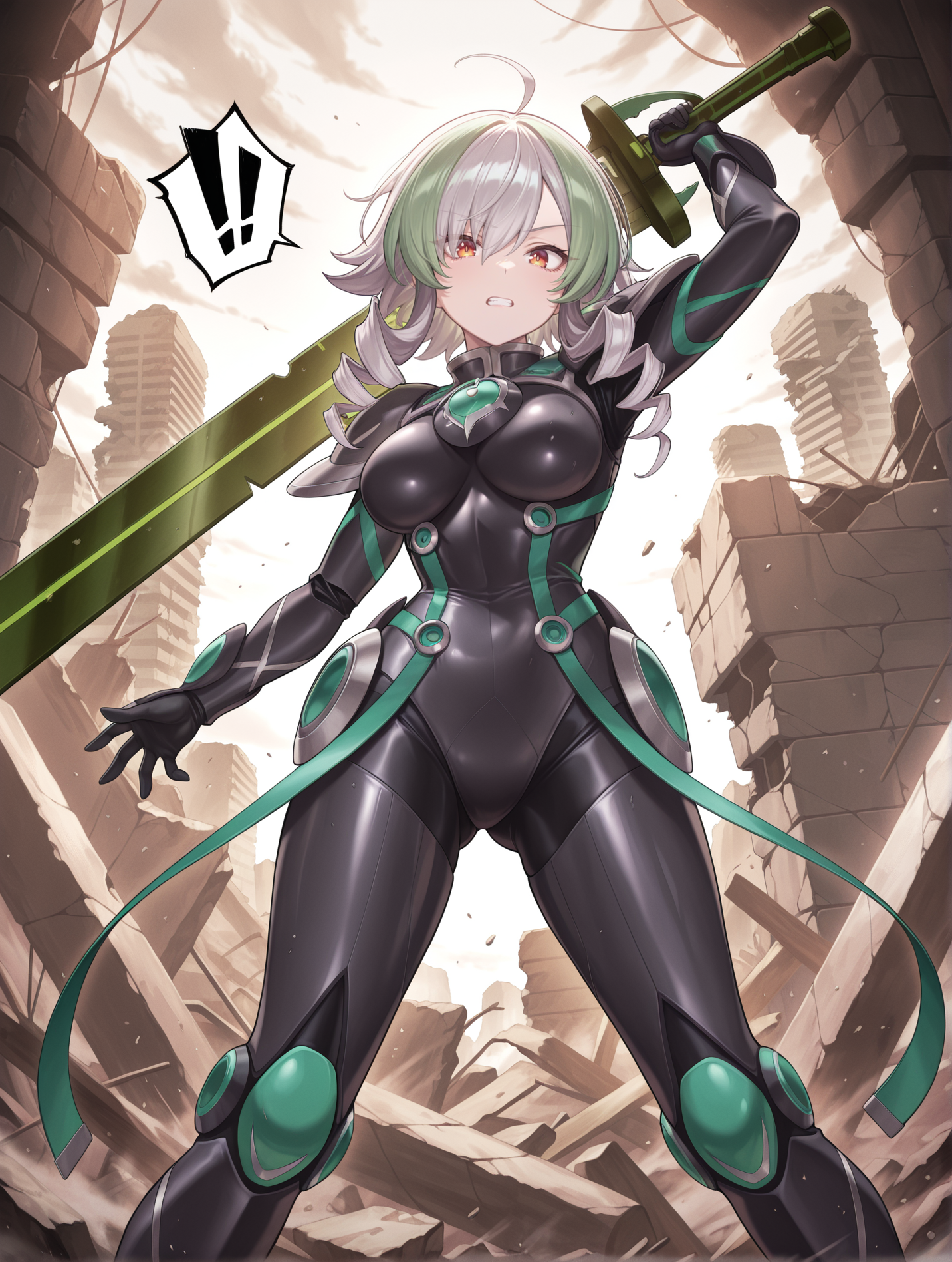 1girl,sky striker ace - camellia,green katana,solo,!,holding green katana,fighting stance,black battle costume,ruins,clenched teeth,standing,weapon over shoulder,looking at viewer,serious, 
masterpiece,best quality,amazing quality,very aesthetic,absurdres,newest,<lora:sky striker ace - camellia and azalea illusXL v2:0.75>,