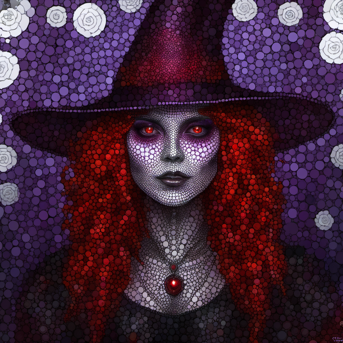 a witch,<lora:Dor_Art:1>, dark  themed background. very dark and scary horror vibes. hyper intricate details. purple, red, white colors. hyperrealistic artwork style. scary horror metal music vibe. godrays, gorgeous, amazing, intricate, highly detailed, digital painting, artstatio