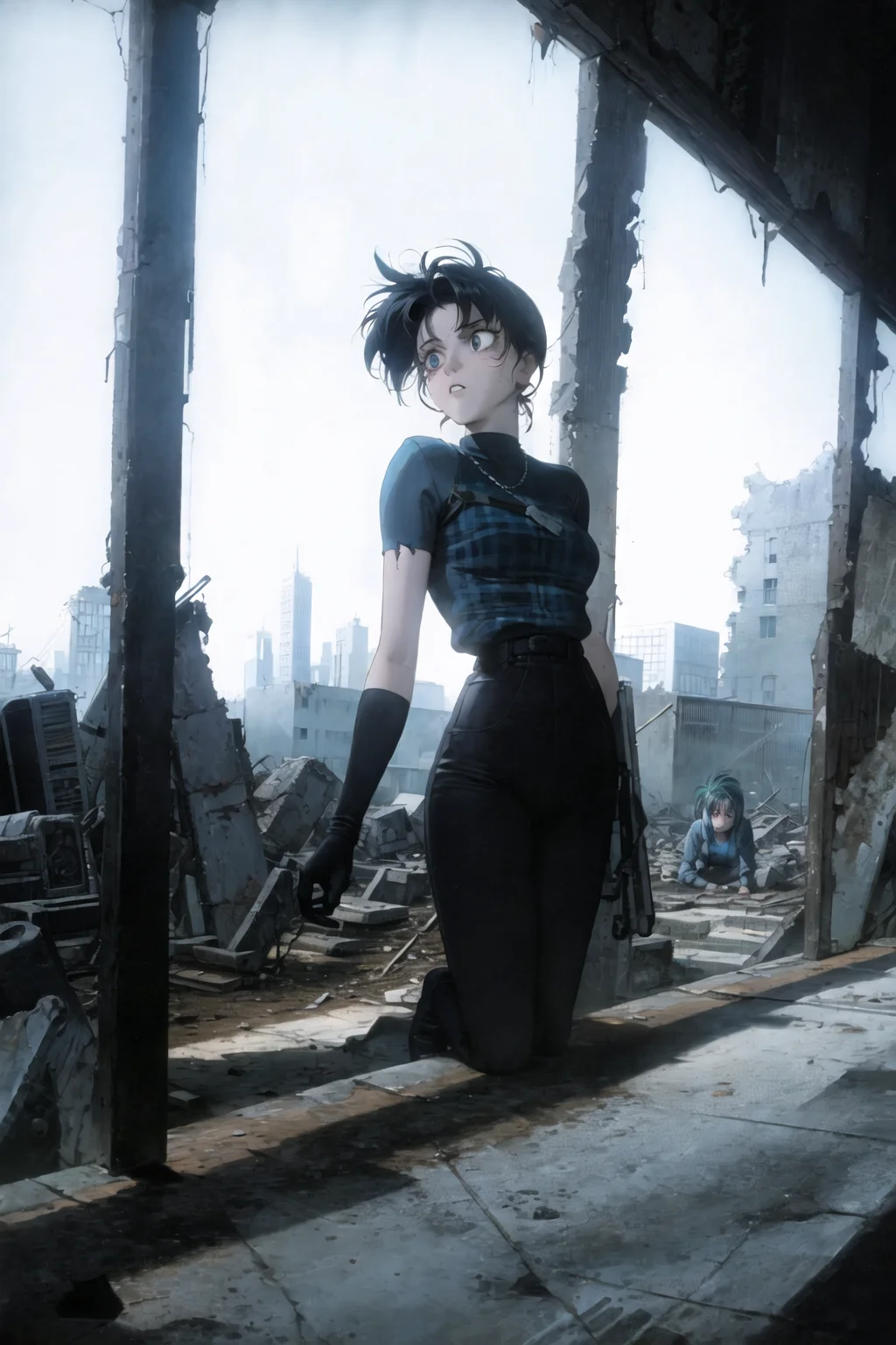 1990s \(style\), 1girl, post-apocalypse, ruins, broken window, city <lora:90sv1.2R:0.6>