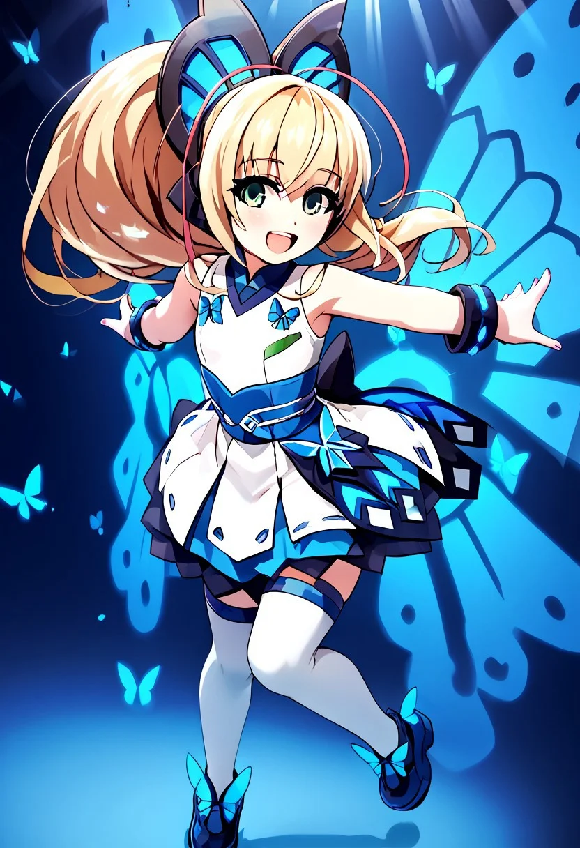 score_4,score_5,score_6,score_7_up,score_8_up,score_9 ((masterpiece,best quality,ultra detailed,highres,HD,4k:1.2)),
1 girl,solo,face focus,
Joule(GV2),long hair,blonde hair,side locks,multicolored hair,ponytail,hair ornament,butterfly hair ornament,green eyes,
wings,butterfly wings,sleeveless,dress,white thighhighs,shoes,bracelet,jewelry,
Idol stage, spotlight, singing, open arms,
smile,open mouth,hapy,blush,