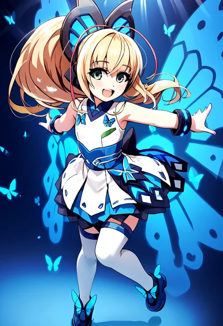 score_4,score_5,score_6,score_7_up,score_8_up,score_9 ((masterpiece,best quality,ultra detailed,highres,HD,4k:1.2)), 
1 girl,solo,face focus,
Joule(GV2),long hair,blonde hair,side locks,multicolored hair,ponytail,hair ornament,butterfly hair ornament,green eyes,
wings,butterfly wings,sleeveless,dress,white thighhighs,shoes,bracelet,jewelry,
Idol stage, spotlight, singing, open arms,
smile,open mouth,hapy,blush,