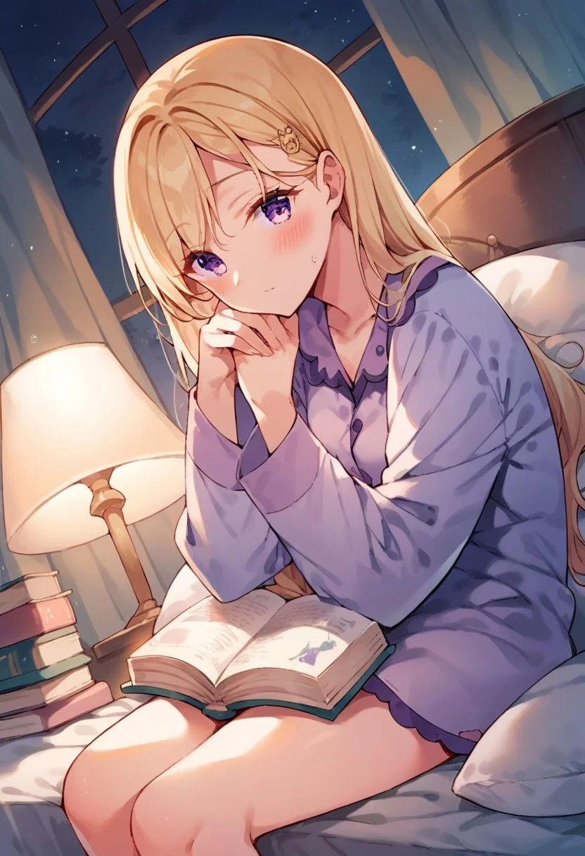 score_9, score_8_up, score_7_up, score_6_up, score_5_up, score_4_up,,ayase saki, 1girl, solo, long hair, purple eyes, blonde hair, pajamas, hair ornament, looking at viewer, night, long sleeves, book, sitting, pillow, blush, lamp