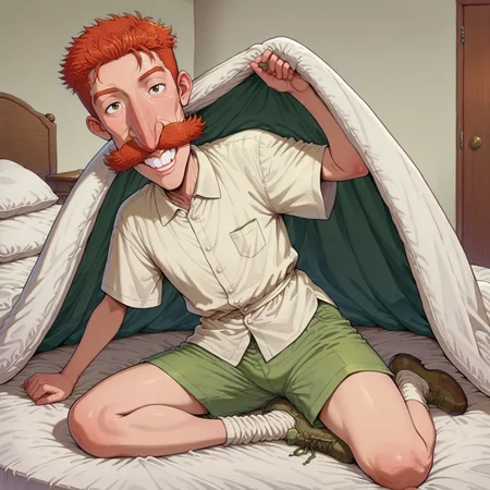  (amazing quality, masterpiece, perfect anatomy, newest),  traditional art, BINV-V1.0,, bed invitation, cover, under covers, n1g3l,, short hair, orange hair, mustache, teeth,, shirt, green shorts, socks, shoes, looking at viewer, solo,