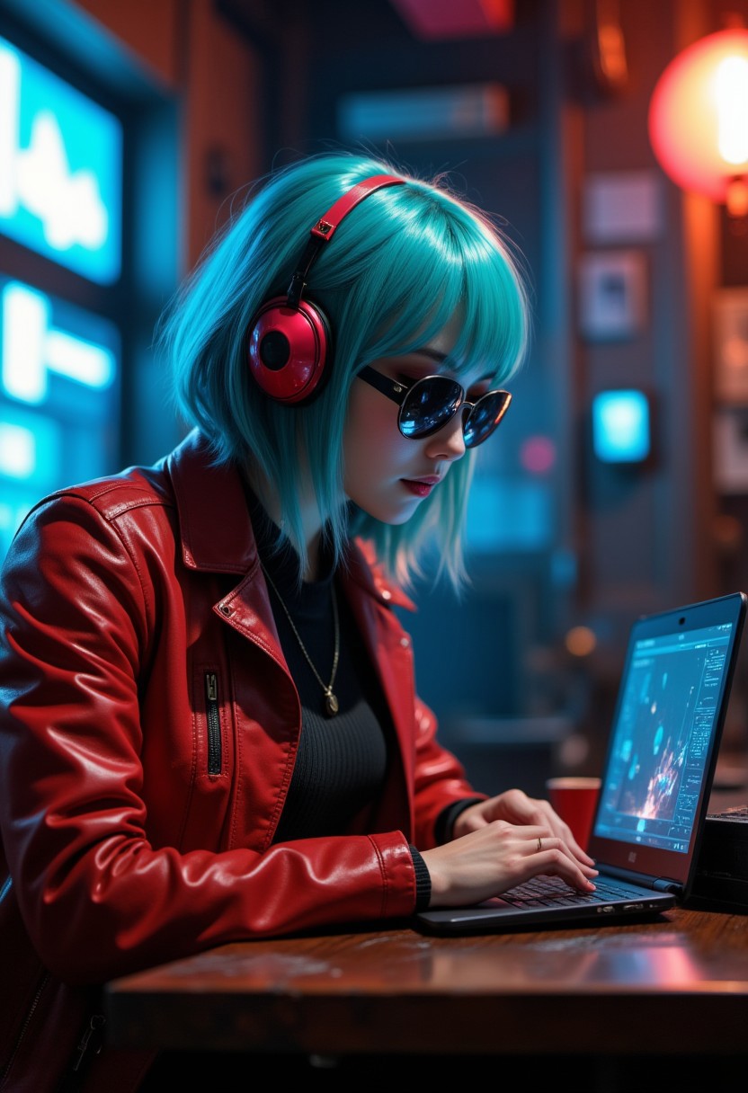 japanese female sci-fi with cyber implants, neon light blue bob cut hair, cyberpunk street clothing, red leather jacket, aviator sunglasses, hunched over a laptop in a dark cyberpunk cybercafe, directional lighting