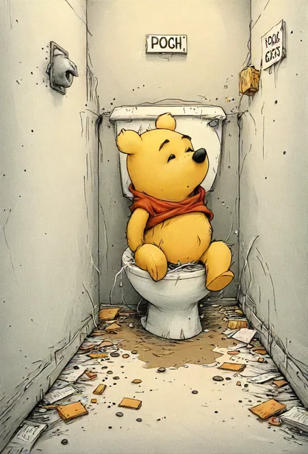 book cover title "Pooh Gets Stuck", toilet, detailed, 8k, <lora:cinexart:0.5>, <lora:wizards_vintage_romance:0.6>, <lora:Harrlogos_v1.1:0.8>, <lora:- SDXL - vanta-black_contrast_V3.0:0.4> <lora:Wizards_MACHINALIA__Things_Come_Alive_:0.2> <lora:lora:0.8> <lora:Street_Art:0.8> <lora:artfullyQUILLED_SDXL_V1:0.8> <lora:SDXL_feelings_Sa_May:0.8> Feelings