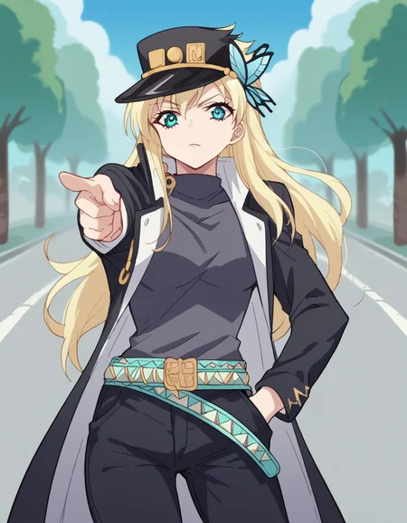 score_9, score_8_up, score_7_up, source_anime, <lora:sena-kashiwazaki-s2-ponyxl-lora-nochekaiser:1>, sena kashiwazaki, long hair, blonde hair, hair ornament, aqua eyes, butterfly hair ornament,, <lora:kujo-jotaro-cosplay-ponyxl-lora-nochekaiser:1>, kujo jotaro cosplay, kujo jotaro (cosplay), gakuran, cosplay, belt, black headwear, black jacket, black pants, high collar, multiple belts, pants, shirt,, street, jojo pose, pointing, hand in pocket, cowboy shot, looking at viewer,