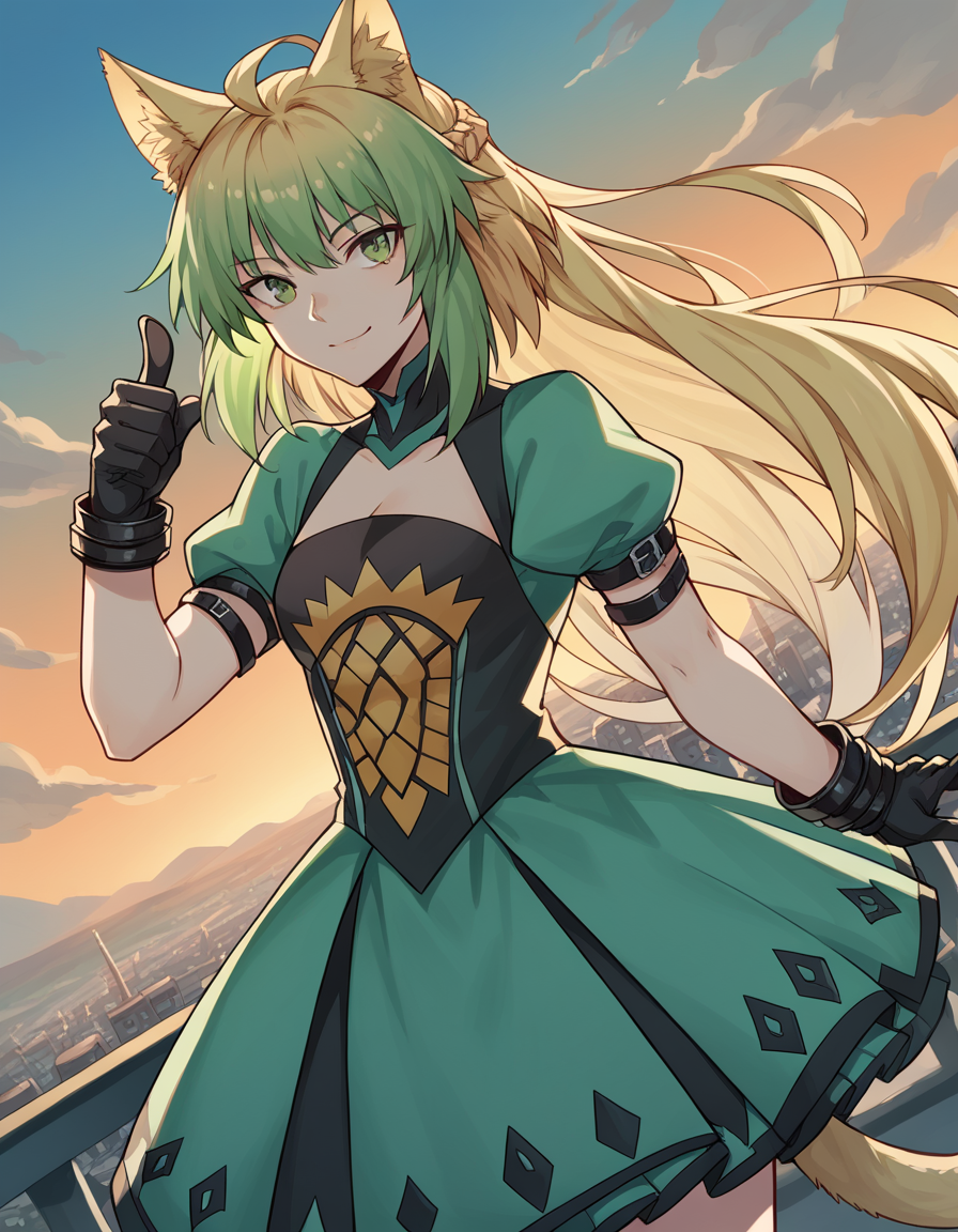 score_9, score_8_up, score_7_up, source_anime, <lora:fgo-atalanta-ponyxl-lora-nochekaiser:1>, atalanta, animal ears, blonde hair, cat ears, cat girl, cat tail, green eyes, green hair, hair between eyes, long hair, multicolored hair, tail,, black gloves, gloves, skirt, dress, green dress, short sleeves, puffy sleeves, juliet sleeves, short skirt, green skirt,, rooftop, sunset, cityscape, quiet moment, wind blowing, contemplative, smile, looking at viewer, hand showing a thumbs down, solo,, cowboy shot, dutch angle
