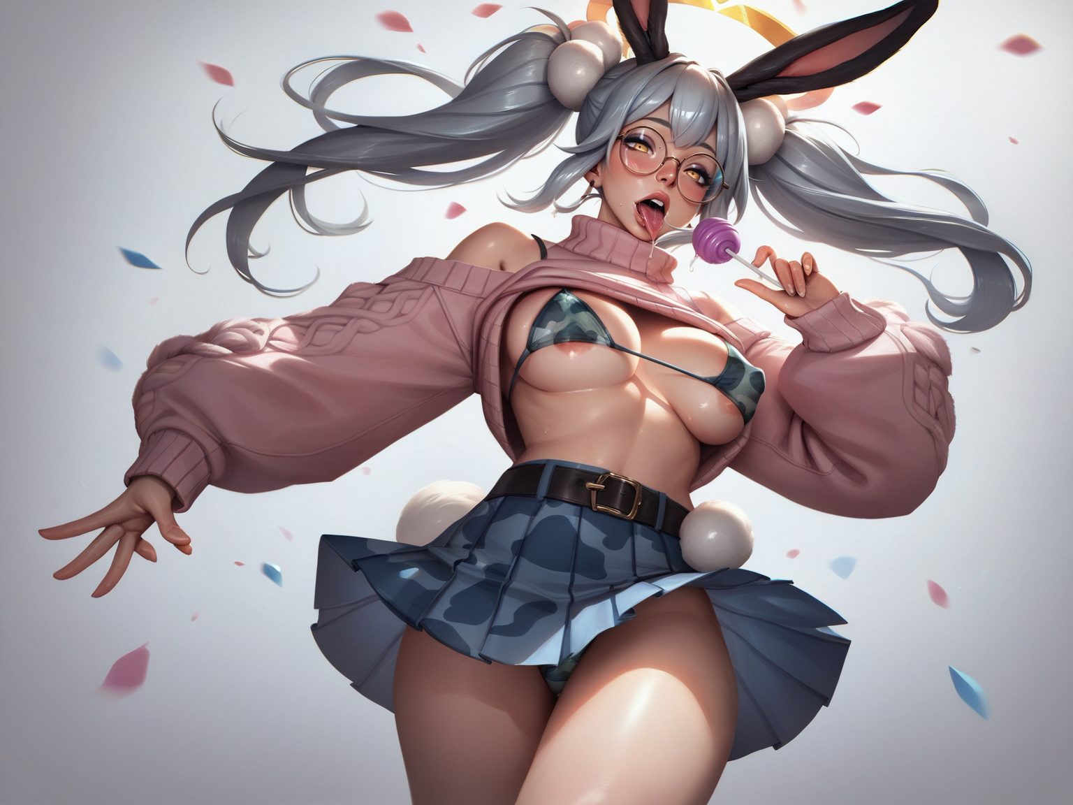 1girl animal_ears areola_slip belt bikini blue_skirt blue_sweater blush breasts camouflage candy cleavage clothes_lift covered_nipples cropped_legs fake_animal_ears food glasses grey_hair hair_ornament halo holding holding_candy holding_food holding_lollipop large_breasts lollipop long_hair long_sleeves looking_at_viewer low_twintails open_mouth pleated_skirt pom_pom_(clothes) pom_pom_hair_ornament rabbit_ears round_eyewear saliva saliva_trail simple_background skirt solo sweater sweater_lift swimsuit tongue tongue_out turtleneck turtleneck_sweater twintails underwear white_background yellow_eyes, <lora:LeagueOfLegends-000008:0.8>, <lora:LOLT1-15:0.5>, score_9, score_8_up, score_7_up, score_6_up