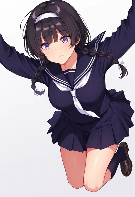 <lora:Suzune_Kagami_CNR:0.8> susune_cnr,black hair, long hair, twin braids,purple eyes, medium breasts,white hairband, school uniform,black serafuku,pleated skirt,black skirt, blue shirt, long sleeves,kneehighs, socks,loafers, Smooth Quality,masterpiece,very intricate, high quality details, ultra realistic, high detailed skin,detailed enviorement,absurdres,, simple background, white background, dutch angle,solo,
jumping, arms open, legs bent, smiling, midair,  ,, :t,
