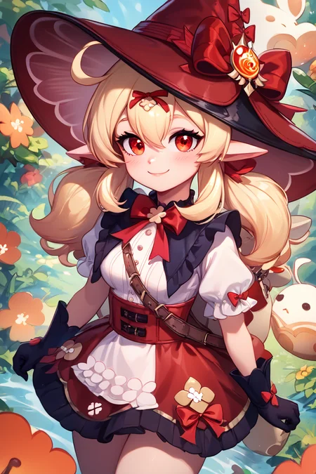 score_9, score_8_up, score_8, medium breasts, (curvy), cute, eyelashes, ,,, , ,,, zzKlee, hair between eyes, red eyes, ahoge, blonde hair, long hair, low twintails, pointy ears, twintails, witch hat, bow, gloves, short sleeves, black gloves, alternate costume, sidelocks, hat bow, <lora:KleeBlossomingStarlight_Genshin_PDXL:1.0>, ,,,, BREAK, closed mouth, alternate costume, smile, looking at viewer, collared shirt, blush, sweater, black skirt, eyelashes, long sleeves, sleeves past wrists, plaid skirt, shoulder bag, black bag, blurry, tile floor, pleated skirt, white shirt, cowboy shot, ,,, embedding:zPDXL, Expressiveh, ,,, <lora:Vivid:0.7>, <lora:Uncensored_PonyXL_cpt_v02.09:0.4>, <lora:Expressive_H-000001:0.4>,